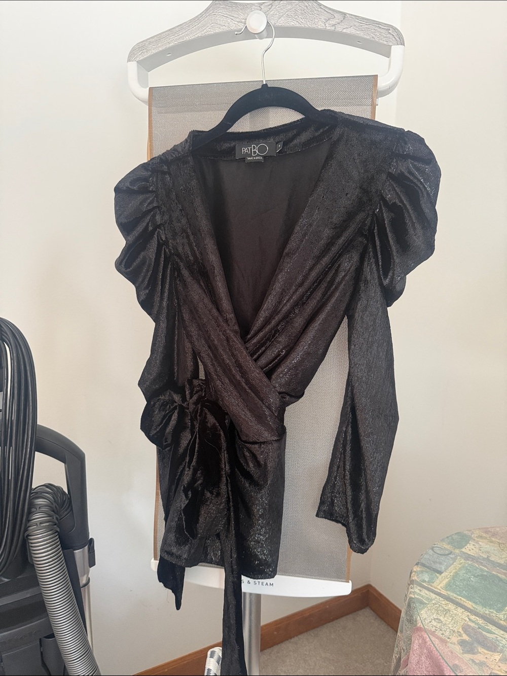 PatBO Black Metallic Puff-Sleeve Wrap Blouse